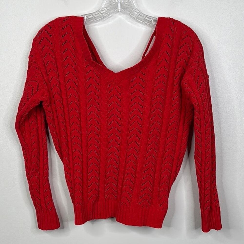 Jessica Simpson Red V-Neck Cable Knit Cropped Sweater Women's Size Small Knotted